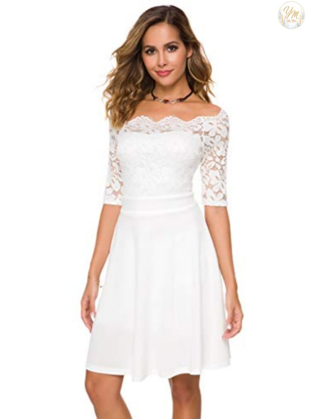 Atnlewhi Womens Vintage Lace Floral Off Shoulder Swing Mini Dress